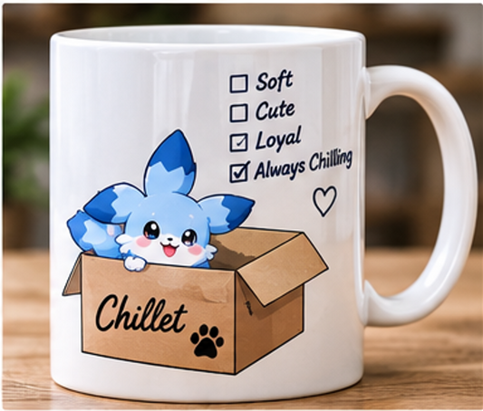 Chillet Palworld mug with cute character in a box and Always Chilling text