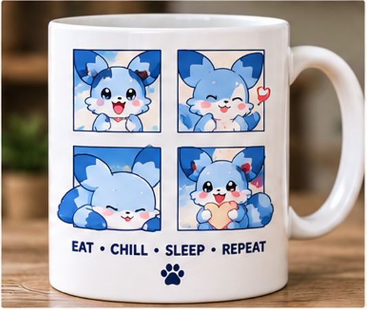 Chillet Palworld mug with four cute character designs and Eat Chill Sleep Repeat text