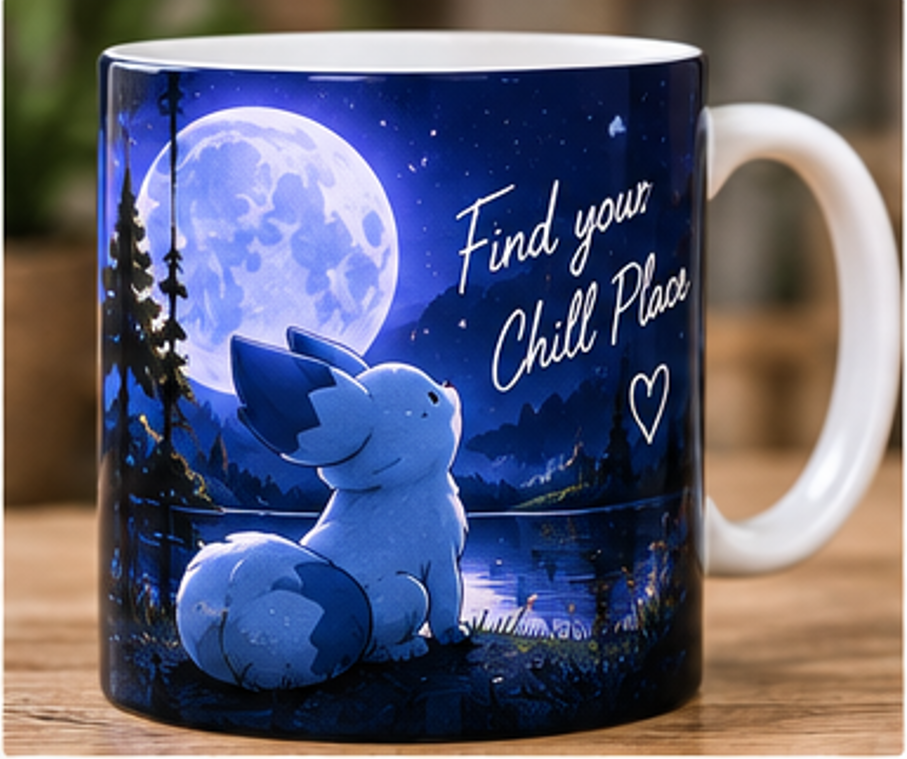 Chillet Palworld mug with moonlit lake and Find Your Chill Place design