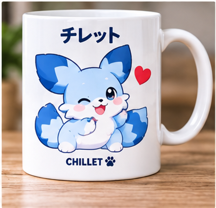 Chillet Palworld mug with Japanese-inspired design and heart