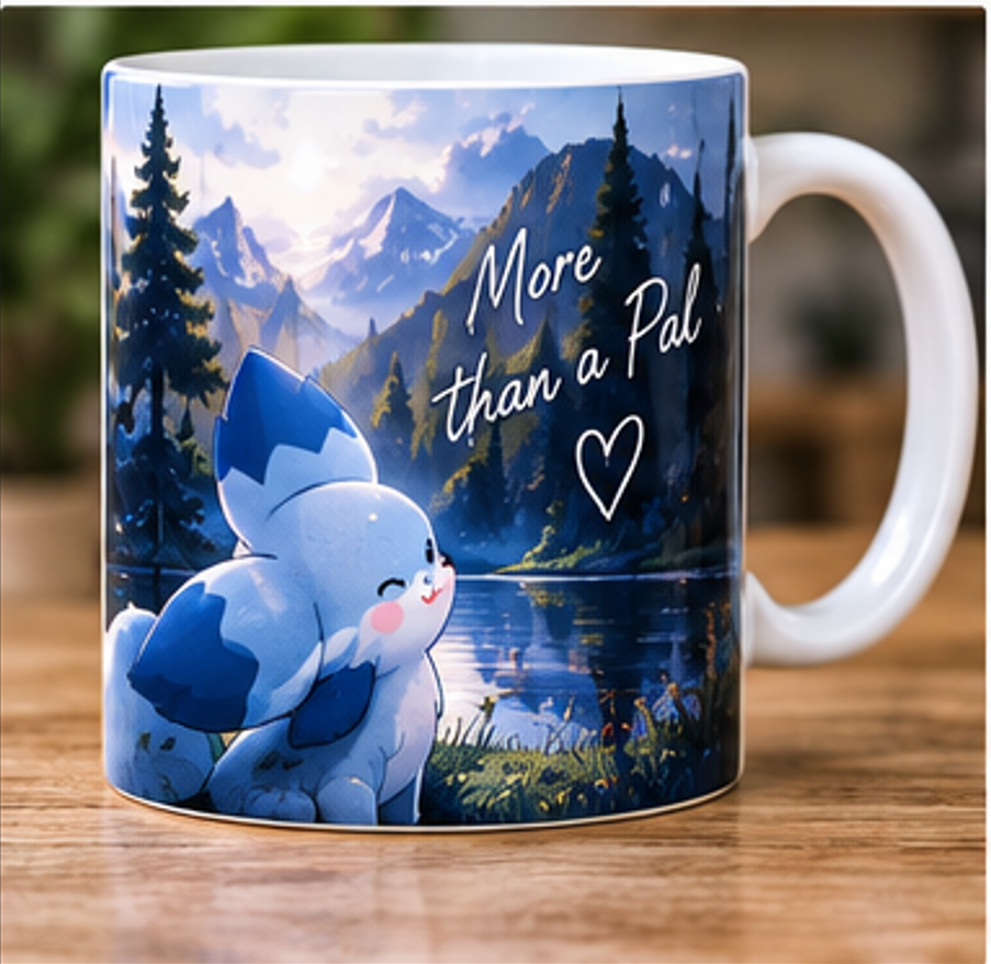 Chillet Palworld mug with mountain lake landscape and More Than a Pal design