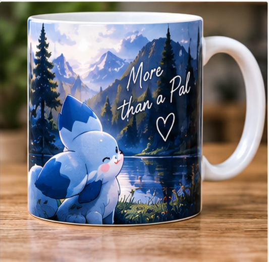 Chillet Palworld mug with mountain lake landscape and More Than a Pal design