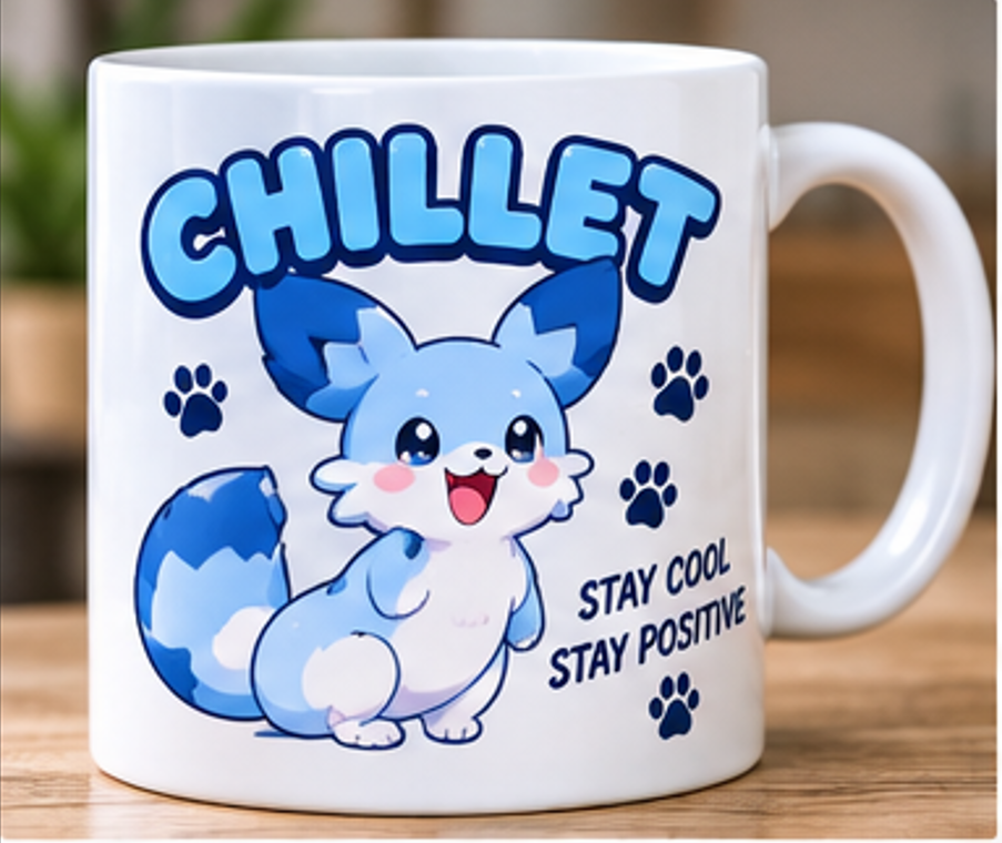 Chillet Palworld mug with Stay Cool Stay Positive design