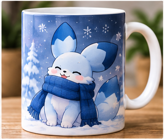 Chillet Palworld mug with winter scarf and snowy background